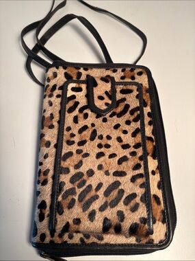 Leopard Print Calfskin Crossbody Wallet with Black Trim